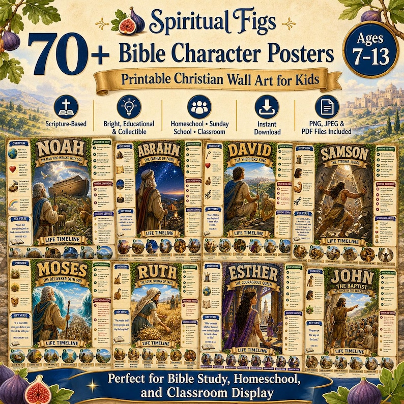 May include: A collection of 70+ printable Bible character posters titled Spiritual Figs, featuring educational wall art for kids ages 7-13. The posters include illustrations of Noah, Abraham, David, Samson, Moses, Ruth, Esther, and John the Baptist.