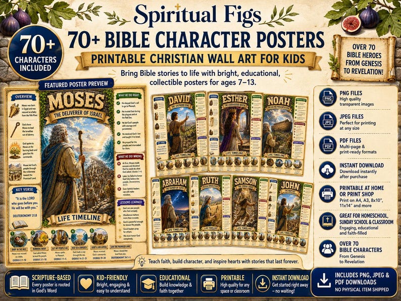 May include: A digital collection of 70+ Bible character posters featuring illustrations of figures like Moses, David, Esther, and Noah. The printable wall art includes life timelines, key verses, and educational summaries for each character in a scroll-like design.