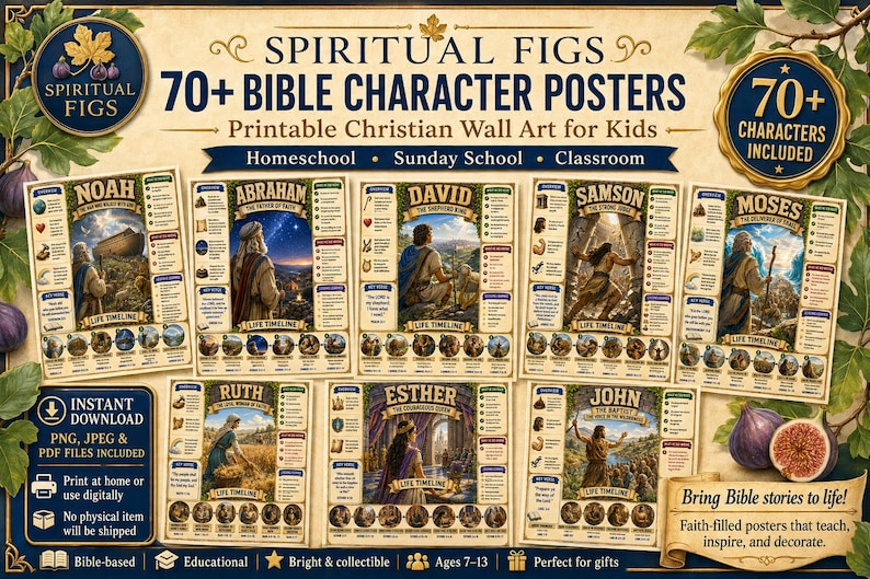 May include: A collection of 70+ Bible character posters featuring illustrations of Noah, Abraham, David, Samson, Moses, Ruth, Esther, and John. Each poster includes a life timeline, key facts, and descriptive text on a parchment-style background.