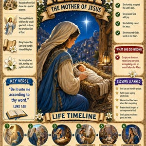 May include: An educational poster titled Mary The Mother of Jesus featuring a central illustration of Mary with the infant Jesus in a manger. The layout includes sections on her life, a timeline of events, key verses, and lessons learned in English.