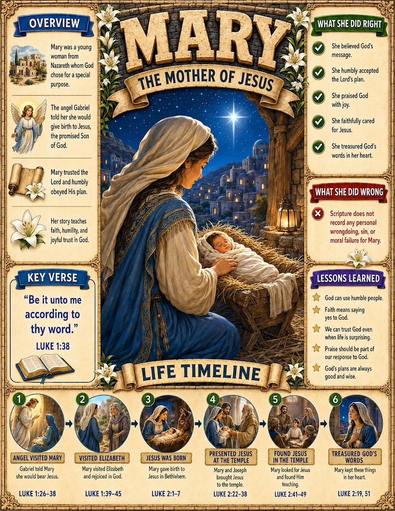 May include: An educational poster titled Mary The Mother of Jesus featuring a central illustration of Mary with the infant Jesus in a manger. The layout includes sections on her life, a timeline of events, key verses, and lessons learned in English.