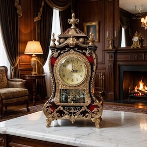 May include: A mantel clock featuring a deep red and gold finish with ornate scrollwork detailing. The clock face is circular with black numerals and hands, set within a gold frame. A glass panel below reveals internal mechanical components.
