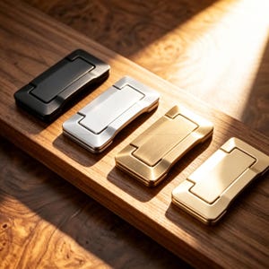Op de afbeelding: Vier metalen kastgrepen in zwart, zilver en twee goudtinten zijn gerangschikt op een houten oppervlak. Elke greep heeft een rechthoekige vorm met een verzonken handgreep. De grepen zijn ontworpen voor meubels of kasten.