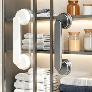 Puede incluir: Un moderno mueble de baño con puertas de cristal, con tiradores blancos y plateados. En el interior, se ven toallas blancas y azules apiladas en estantes, junto con frascos de vidrio con tapas de corcho. El mueble está bien iluminado, mostrando una solución de almacenamiento limpia.