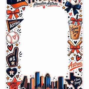 May include: A rectangular frame featuring Houston Astros baseball graphics including a cap, baseballs, pennant, foam finger, bats, and a drink cup. The design includes the text H-TOWN, Houston Astros, Game Day, Space City, and H-Town Proud with a city skyline.