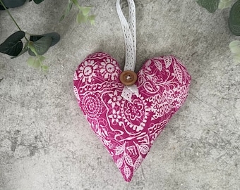 Fabric Heart Hanging Decoration in Pink & White Floral Design, Door Hanger, New Home Gift