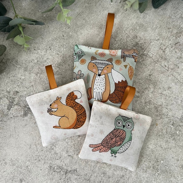 Set of 3 Lavender Sachets: Woodland Fabric Design, New Home, Sleep Pillows, Clothes Fresheners