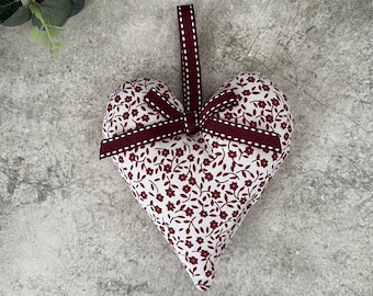 Fabric Heart Hanging Decoration in Dark Red & White Floral Design, Door Hanger, New Home Gift