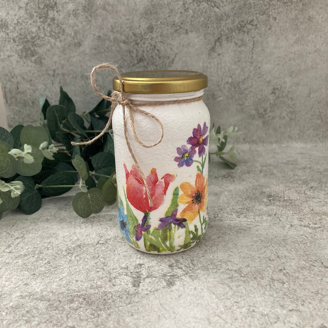 Decoupage Recycled Glass Storage Jar Spring Florals Rustic Home Decor