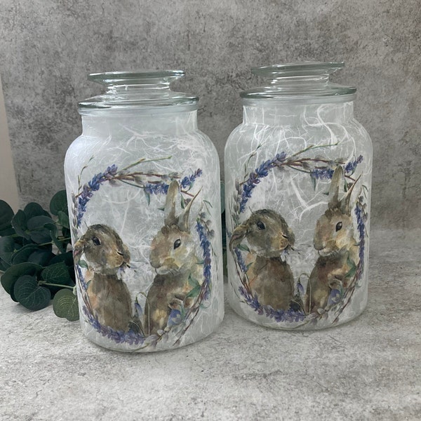 Decoupage Glass Storage Jars  Floral Rabbits - Rustic Home Decor, Upcycled, Nature