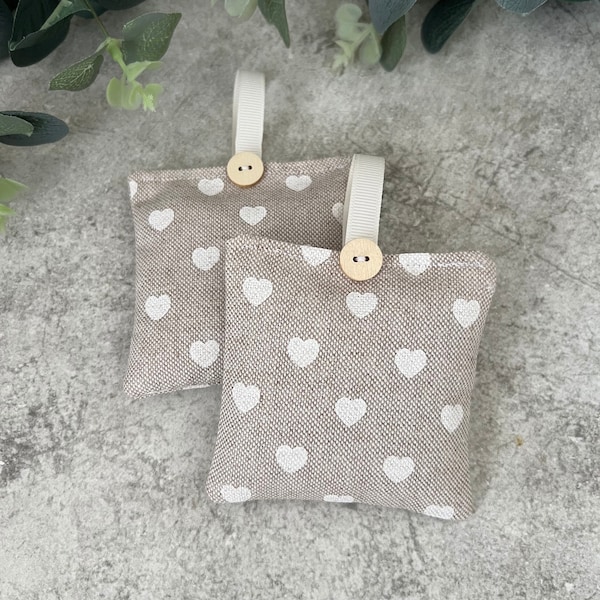 Set of 2 Lavender Sachets: Beige Hearts Fabric Design, New Home, Sleep Pillows, Clothes Fresheners