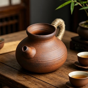 May include: A brown ceramic teapot with a rope handle and a spout. The teapot is round with a wide opening and sits on a wooden table. Tea cups are also on the table, suggesting a tea set.