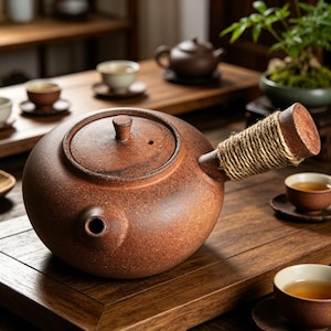 Puede incluir: Una tetera redonda de cerámica de color marrón rojizo con un asa de madera envuelta en cuerda. La tetera tiene una tapa con un pequeño pomo y un pico. Tazas y platillos de té están dispuestos alrededor de la tetera sobre una superficie de madera.