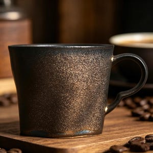 Puede incluir: Una taza de café de cerámica negra con un acabado texturizado y moteado y un asa curvada. La taza tiene un aspecto oscuro y metálico con reflejos bronce. Los granos de café están esparcidos sobre la superficie de madera.