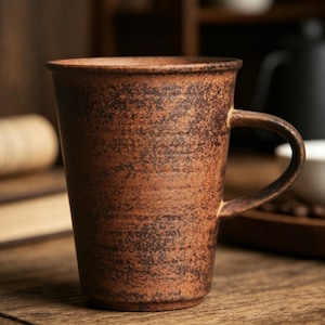 Może przedstawiać: Brązowy ceramiczny kubek o teksturowanej, nakrapianej powierzchni. Kubek ma zaokrąglony uchwyt i lekko rozszerzany brzeg. Kubek ma ciepły brązowy kolor z ciemniejszymi brązowymi plamkami. Kubek stoi na drewnianej powierzchni.