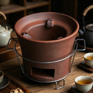 May include: A brown ceramic tea warmer with a metal stand. The warmer has a cylindrical shape with a wide opening at the top and a rectangular opening on the side. The stand is made of silver-coloured metal.