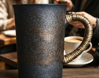 Handmade Black Gold Stoneware Mug, Matte Ceramic Coffee Cup, Rope Handle Drinkware