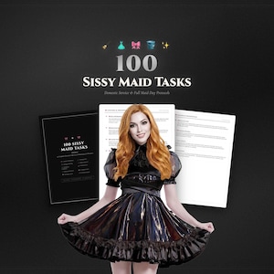 Puede incluir: Una mujer con un vestido negro se encuentra frente a un fondo negro con el texto "100 Sissy Maid Tasks". El texto está encima de una carpeta negra y dos páginas de texto abiertas. El vestido tiene una falda brillante y un dobladillo con volantes.