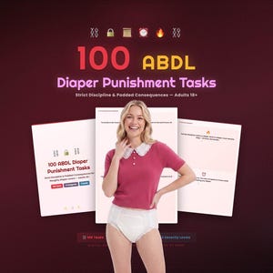 Może przedstawiać: Cyfrowy dokument zatytułowany 100 ABDL Diaper Punishment Tasks zawierający tekst o surowej dyscyplinie i wyściełanych konsekwencjach dla dorosłych 18+. Dokument zawiera listy zadań, kategorie i poziomy dotkliwości na białych stronach.
