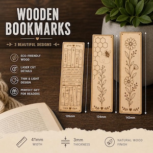 May include: Wooden bookmarks with laser-cut designs. The bookmarks are made of eco-friendly wood and feature three unique designs: books, a honeycomb with a bee, and a floral pattern. Each bookmark is approximately 5 inches long, 1.6 inches wide, and 0.1 inches thick.
