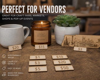 Laser Engraved Wooden Price Tags – Reusable Market Display Signs for Vendors