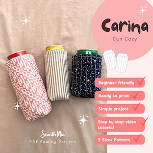 May include: Three fabric can cozies featuring different patterns: one with a pink and white geometric print, one with beige and white vertical stripes, and one with a dark blue fabric with a white star pattern, all shown as a sewing pattern.
