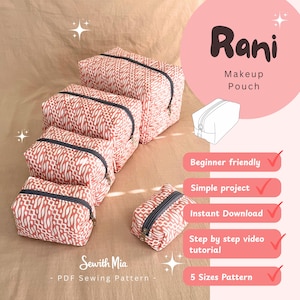 May include: Five rectangular makeup pouches in varying sizes, featuring a coral and white geometric batik-style pattern with dark grey zippers. Text on the image reads Rani Makeup Pouch, Sewith Mia, PDF Sewing Pattern, and 5 Sizes Pattern.