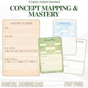 May include: Digital download of concept mapping and mastery planners. The image shows four different planner templates with sections for goals, action steps, study schedules, and progress tracking. The text "Concept Mapping & Mastery" is at the top.