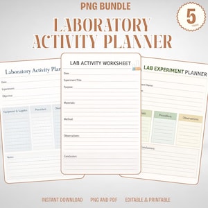 Può includere: Un pacchetto digitale di cinque pagine di pianificatore di attività di laboratorio in formato PNG. I fogli presentano intestazioni come Laboratory Activity Plan, Lab Activity Worksheet e Lab Experiment Planner con campi per date, titoli, scopi, materiali, metodi e osservazioni.