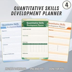 以下が含まれることがあります： 「Quantitative Skills Development Planner」の4枚のページ。ページは白い背景にカラフルなボーダーがあり、目標、学習の優先順位、To-Doリスト、毎日のタスクのセクションが含まれています。下部のテキストは「Instant Download」、「PNG and PDF」、「Done-For You」と書かれています。