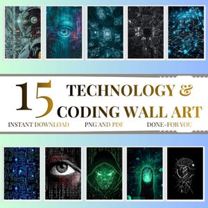 Pode incluir: Uma coleção de 15 impressões de arte digital para parede com temas de tecnologia e codificação, incluindo imagens de um robô, olhos humanos, placas de circuito, código binário, uma figura encapuzada, uma impressão digital e um cérebro em azul, verde e preto.