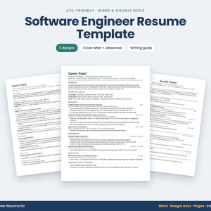 May include: A digital software engineer resume template kit featuring three distinct document designs, including a cover letter, references, and a writing guide. The text reads Software Engineer Resume Template.