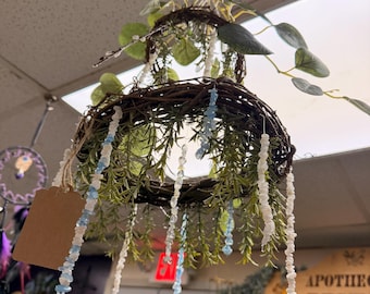 Moss & Morning Dew Hanging Mobile Handmade Woodland Crystal Decor Grapevine Nest with Moonstone, Opalite, Aquamarine Whimsical Forest Feel