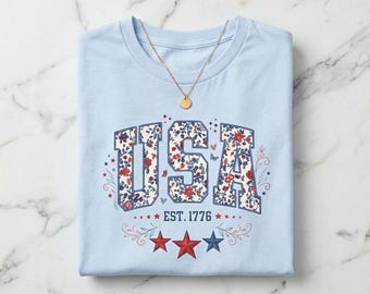 USA Floral Flag T-Shirt | Patriotic Pocket Tee, Stars & Stripes Design