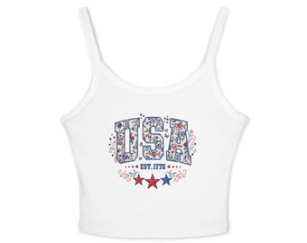 USA Floral Print Tank Top | Patriotic Stars and Stripes Crop Top