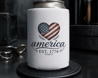 America Heart Flag can cooler sleeve | EST. 1776 patriotic