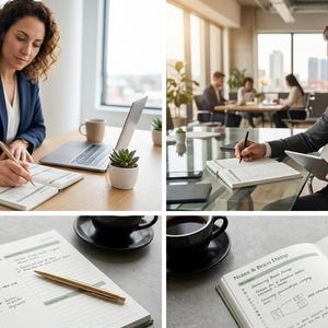 Può includere: Un'agenda professionale con una sezione Notes & Brain Dump, dotata di una penna dorata appoggiata sulle pagine aperte. L'agenda include spazi a righe per attività ed elenchi, presentati in un layout pulito per la produttività quotidiana.