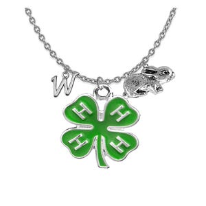 May include: Silver-toned necklace with a green and white four-leaf clover pendant, a small rabbit charm, and the letter "W". The clover has the letters "H" in each leaf. The chain is a delicate link style.