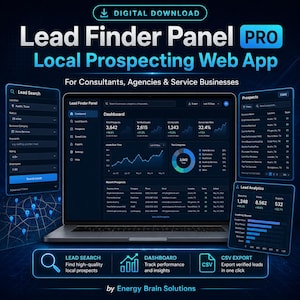 May include: A digital download graphic promoting the Lead Finder Panel PRO web app. The image shows a laptop displaying a dashboard with data visualizations, charts, and graphs. The app is designed for local prospecting and lead generation for consultants and service businesses.