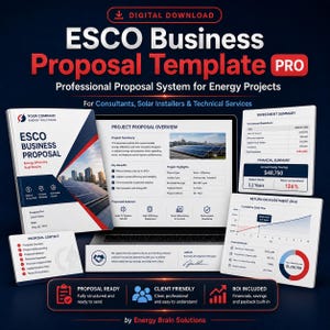 May include: A digital download graphic for an ESCO Business Proposal Template PRO. The image includes a laptop displaying a proposal overview, a business proposal booklet, and financial summaries. Text includes "Digital Download" and "Energy Brain Solutions."