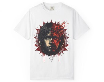 T-shirt met halve schedel en gezicht | Roodzwarte gotische illustratie
