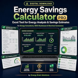 Pode incluir: Gráfico de download digital para uma calculadora de economia de energia. A imagem mostra um laptop exibindo um painel com dados financeiros, gráficos e diagramas. O texto diz "Energy Savings Calculator PRO" e "Excel Tool for Energy Analysis & Savings Estimates."