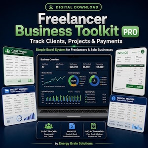 May include: Digital download graphic for a Freelancer Business Toolkit PRO. The image displays a laptop with various charts and graphs, along with separate panels for client tracking, invoices, and project management. Text includes "Track Clients, Projects & Payments."