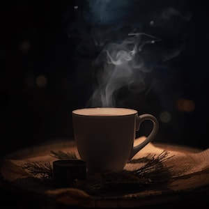 May include: A white ceramic mug filled with a warm beverage, emitting wisps of steam. The mug sits on a rustic, textured surface, accompanied by a small, dark container and sprigs of greenery. The background is a dark, blurred scene.