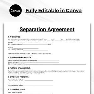 Könnte beinhalten: Ein weißes Dokument mit der Überschrift Separation Agreement, schwarzem Text und Leerzeilen für Angaben zu Parteien, Daten und Vermögensaufteilung. Oben auf der Seite befindet sich ein schwarzes Canva-Logo und der Text Fully Editable in Canva.