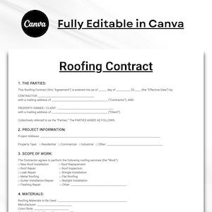 Może przedstawiać: Biały dokument zatytułowany Roofing Contract z czarnym tekstem i liniami do wypełnienia informacjami. Dokument zawiera sekcje dotyczące stron, informacji o projekcie, zakresu prac i materiałów. Widoczny jest tekst Fully Editable in Canva.