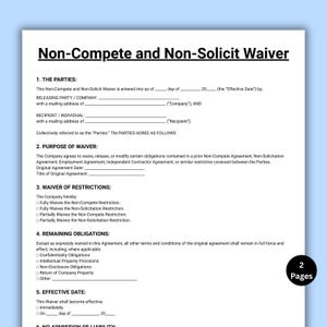 May include: A printed legal document titled Non-Compete and Non-Solicit Waiver with sections for parties, purpose, waiver of restrictions, remaining obligations, and effective date. A black circular badge in the corner indicates 2 Pages.
