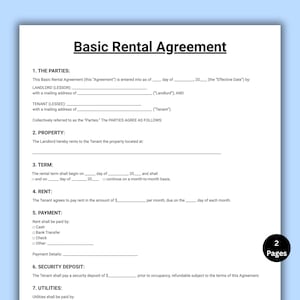 May include: A white Basic Rental Agreement document with black text. The title "Basic Rental Agreement" is at the top. The form includes sections for parties, property, term, rent, payment, security deposit, and utilities. The document is two pages long.
