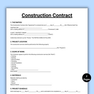May include: A construction contract template with the title "Construction Contract" at the top. The document includes sections for parties involved, project location, scope of work, materials, and project schedule. The document is two pages long.