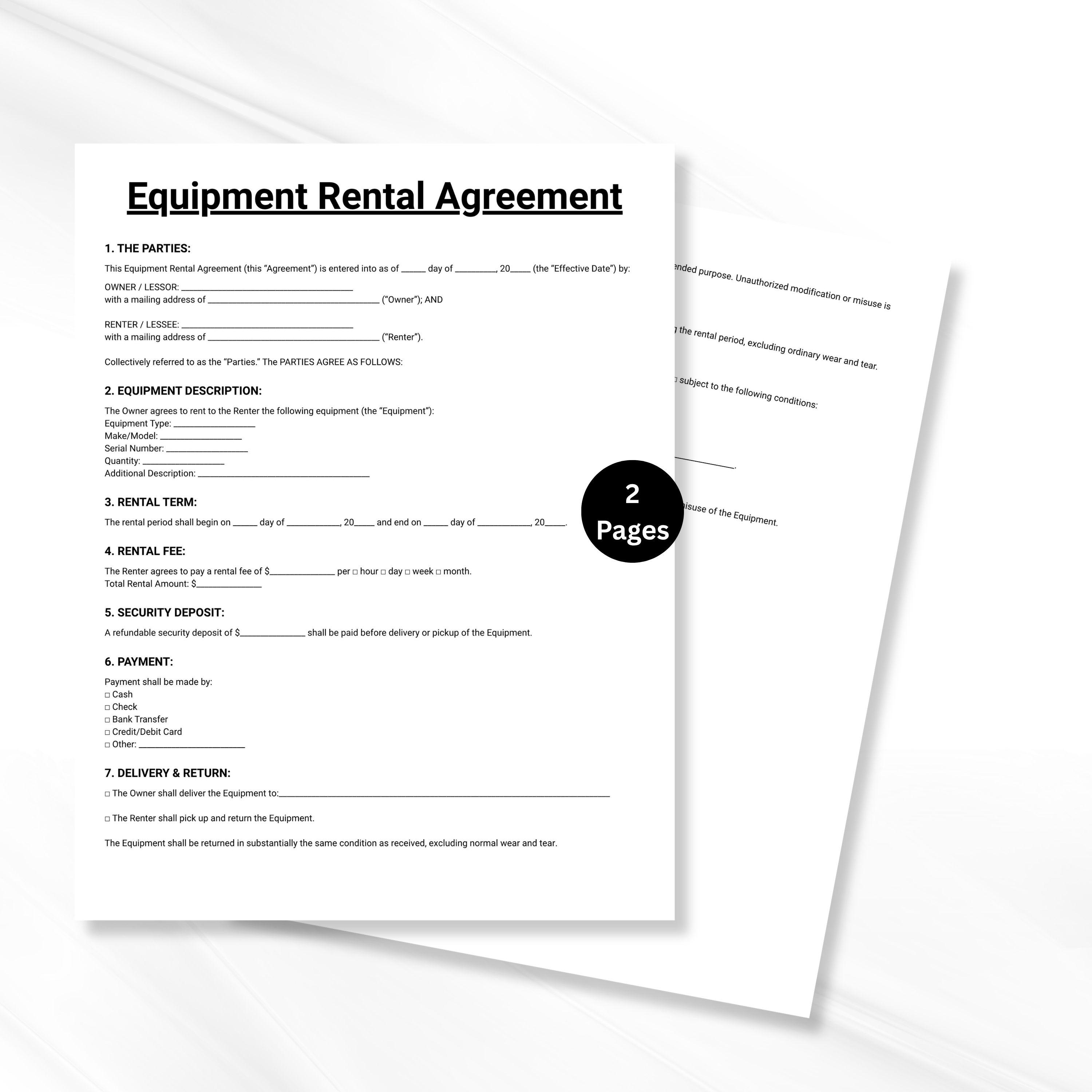 Equipment Rental Agreement, Lease Equipment Form Template, Professional ...